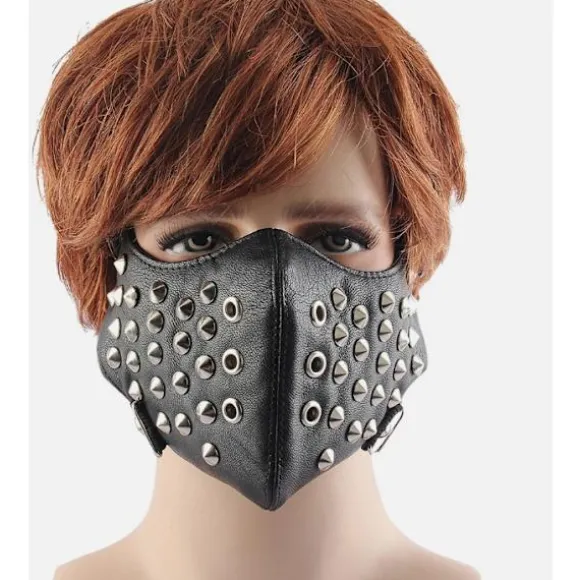 Sort ansigtsmaske i kunstlæder med kegleformede nitter (justerbar, unisex) Black