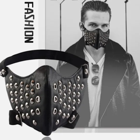 Sort ansigtsmaske i kunstlæder med kegleformede nitter (justerbar, unisex) Black