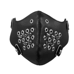 Sort ansigtsmaske i kunstlæder med perforerede ringe og pigge