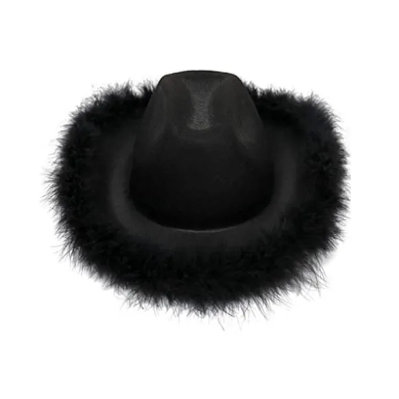 Sort cowboyhat med fjerboa, fluffy fjerkant, voksen s