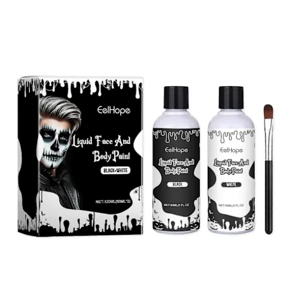 Sort Hvid Ansigtsmaling, 60ml x 2 Stykker Ansigts- og Kropsmaling, Halloween Sminkesæt med Sminkebørste, Klovn Zombie Vampyr Skelet SFX Sminke til