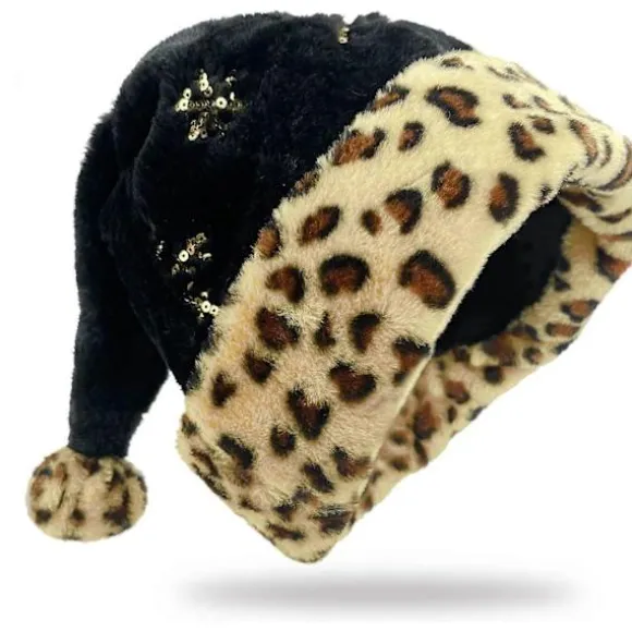Sort Julemandshue med Leopardmønster, Julemandshue med Pailletter, Blød Julemandshue til Jul