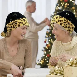 Sort Julemandshue med Leopardmønster, Julemandshue med Pailletter, Blød Julemandshue til Jul