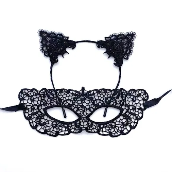 3#(Sort) Kvinde Halloween Blonde Halvmaske med Katteører Hovedbånd C