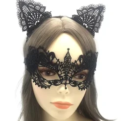 3#(Sort) Kvinde Halloween Blonde Halvmaske med Katteører Hovedbånd C