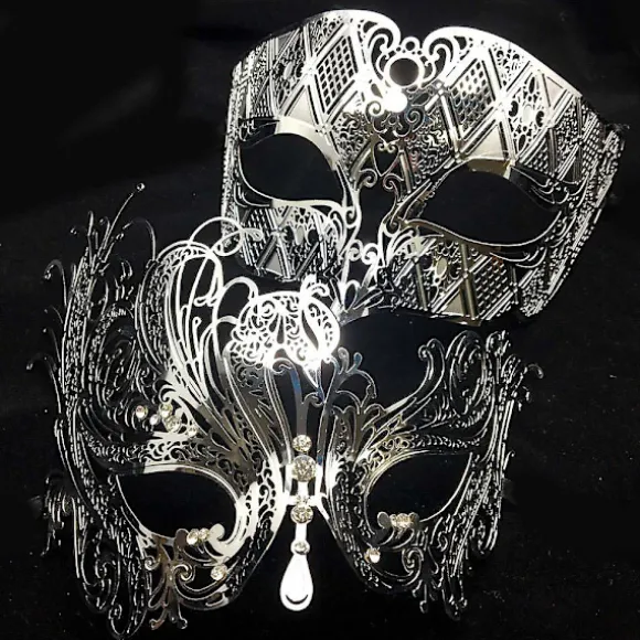 Sort Sølv Guld Metal Filigran Laserskåret Par Venetiansk Maskerade Maske Bryllup Balmaske Halloween Maskerade Kostume Maske Sæt Sort Blå Diamant Black Blue Diamond | Fyndiq