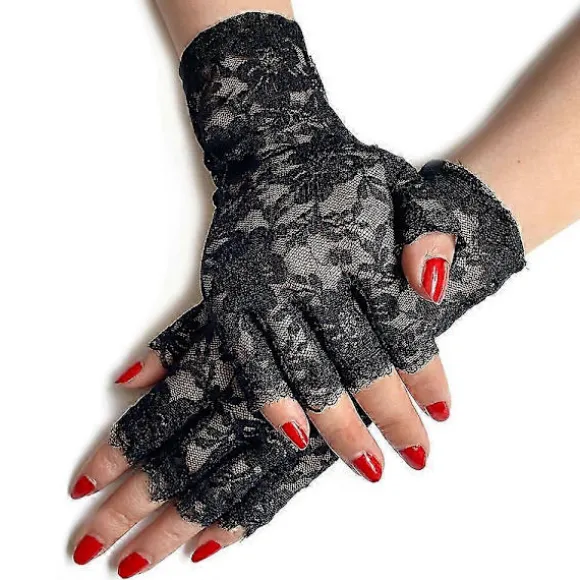 Sorte blondehandsker Dame Halvfinger Blondehandsker UV-beskyttelse til Maskerade (2 par)