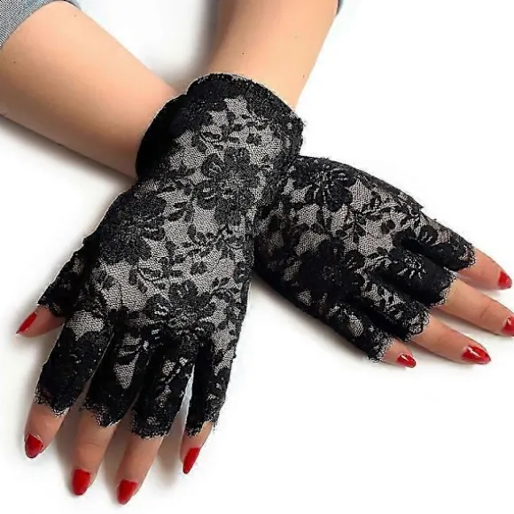 Sorte blondehandsker Dame Halvfinger Blondehandsker UV-beskyttelse til Maskerade (2 par)
