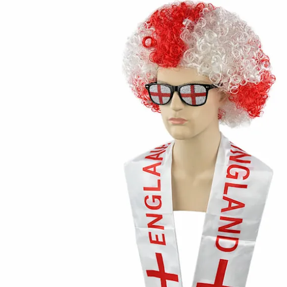Sportsfan-kostumesæt med krøllet paryk, tørklæde og festbriller, flagfarvede udklædningstilbehør til kampe, fester, festivaler England