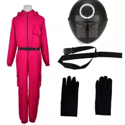 Squid Game 2 NPC Kostume Cosplay Rekvisitter Jumpsuit og Bælte Outfit Fancy Dress Rose Rød + Cirkulær Maske Rose Red+ Circular Mask M
