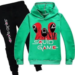 Squid Game Børne Sports Træningsdragt Sæt Hættetrøje Bukser Outfit Tøj Green 15-16 Years