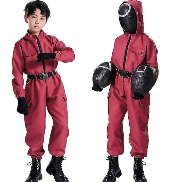 Squid Game Cosplay Kostume Jumpsuit + Maske til Børn Kvadrat 150cm Kvadrat 130cm