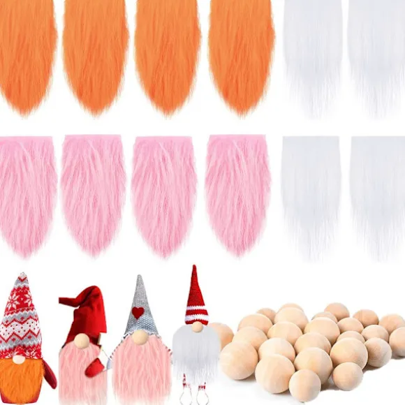 Sæt med 12 Gnome Skæg med træbolde ORANGE ROSA HVID Orange Pink White_YF Orange Pink White