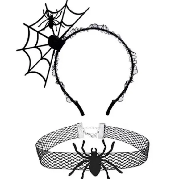 Sæt med 2 Halloween-kostumer, edderkoppehalskæde + uhyggelig græskarhovedbøjle
