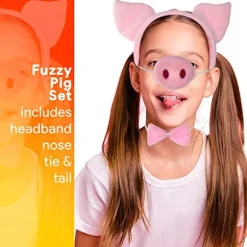 Sæt med tilbehør til grise-kostume - Fuzzy Pink Pig Ears Hovedbøjle, Bowt