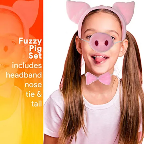 Sæt med tilbehør til grise-kostume - Fuzzy Pink Pig Ears Hovedbøjle, Bowt
