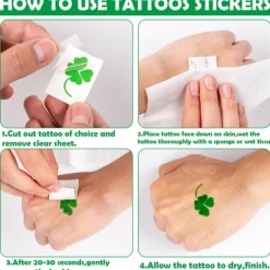 St. Patricks dag dekorationer med grønne briller, halskæder, pandebånd, armbånd, mønter, tatoveringer, klistermærker til St. Patricks dag