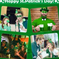St. Patricks dag dekorationer med grønne briller, halskæder, pandebånd, armbånd, mønter, tatoveringer, klistermærker til St. Patricks dag