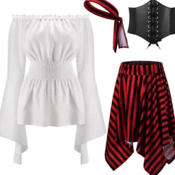 Stk. Dame Piratkostume Cosplay Renæssance Bluse Toppe Korset Taljebælte Pirat Nederdel Striber Hovedtørklæde White S Size