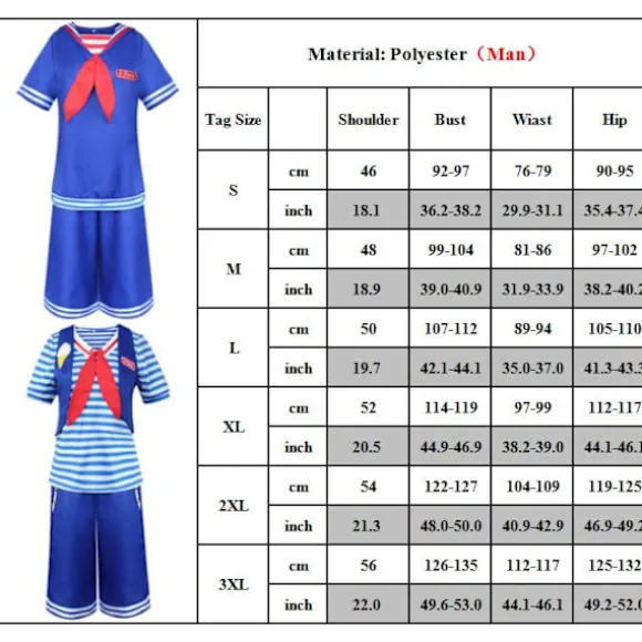 Stranger Things Dame Cosplay Marineblå Uniform Kostume Halloween Men 2XL