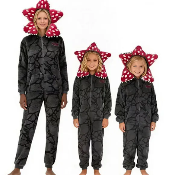 Stranger Things Kødædende Plante Onesie Vinter Par Familie Hyggetøj Rollespil Sød Flanel Pyjamas sort sort sort S-FX- S