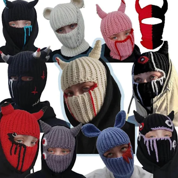 Strikket Hue, Balaclava Hue, Uldhue, Hornhue til Halloweenfest