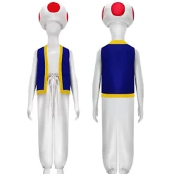 Super Mario Bros Cosplay Kostumesæt med Toad Hat, Mario Film Halloween Rollespilsdragt til Børn Voksne, Skjorte Bukser Kasket Inkluderet hat 2 S