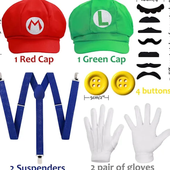 Super Mario Bros Mario Og Luigi Hatte, Kasketter, Overskæg, Handsker, Knapper Cosplay Kostume
