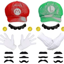 Super Mario Bros Mario og Luigi Hatte Kasketter Mustaches Handsker Knapper Cosplay Kostume 1