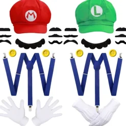 Super Mario Bros Mario og Luigi Hatte Kepsar Overskæg Handsker Knapper Cosplay Kostume