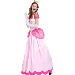 Super Mario Peach Cosplay Kostume Pink Prinsesse Kjole + Handsker + Hovedbeklædning Sæt Karneval Party[qb] M