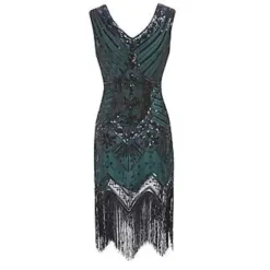 s-2xl Dame Fancy Kjole Retro 1920'er Stil Flapper Kjole Paillet, Rund Hals, Cocktail Party Kjoler (XL Sort-Grøn)