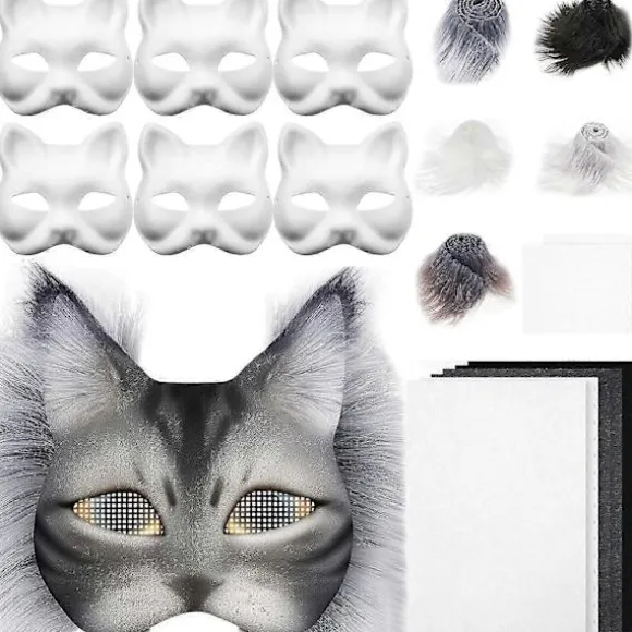 Therians Maskesæt DIY Furry Dyremaske Kompatibel med Halloween Cosplay - Ræv, Kat med Pels, Øjennet & Filtark DIY suit H