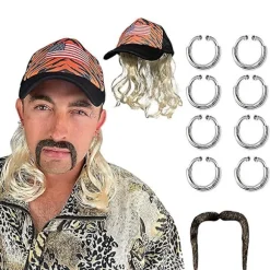 Tiger King Kostumesæt Guld Paryk Med Hat, Clip-On Øreringe Og Overskæg