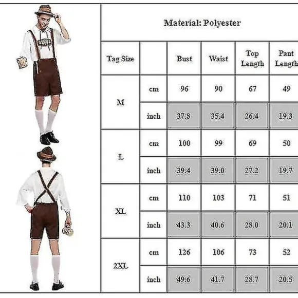 Tysk Oktoberfest Øl Mænd Bayerisk Lederhosen Skjorte Hat Sæt Fyren Festival Kostume L