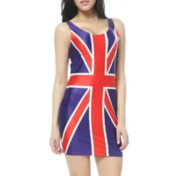 Union Jack Flag Kjole til Kvinder, Rød Hvid og Blå Union Jack Flag Klassisk Ærmeløs Mini Kjole, Kongens Kroningsfest Kostume