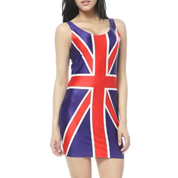 Union Jack Flag Kjole til Kvinder, Rød Hvid og Blå Union Jack Flag Klassisk Ærmeløs Mini Kjole, Kongens Kroningsfest Kostume