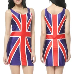 Union Jack Flag Kjole til Kvinder, Rød Hvid og Blå Union Jack Flag Klassisk Ærmeløs Mini Kjole, Kongens Kroningsfest Kostume