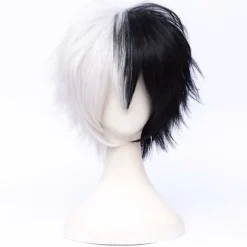 Unisex Anime Kort Sort & Hvid Cosplay Paryk med Pandelok Varmebestandig