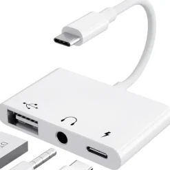 USB C-adapter 3,5 mm-stik med hurtigopladning OTG-adapter, Type C til Aux-splitter hovedtelefoner lyd (hvid)