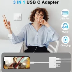 USB C-adapter 3,5 mm-stik med hurtigopladning OTG-adapter, Type C til Aux-splitter hovedtelefoner lyd (hvid)