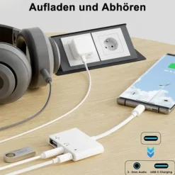 USB C-adapter 3,5 mm-stik med hurtigopladning OTG-adapter, Type C til Aux-splitter hovedtelefoner lyd (hvid)
