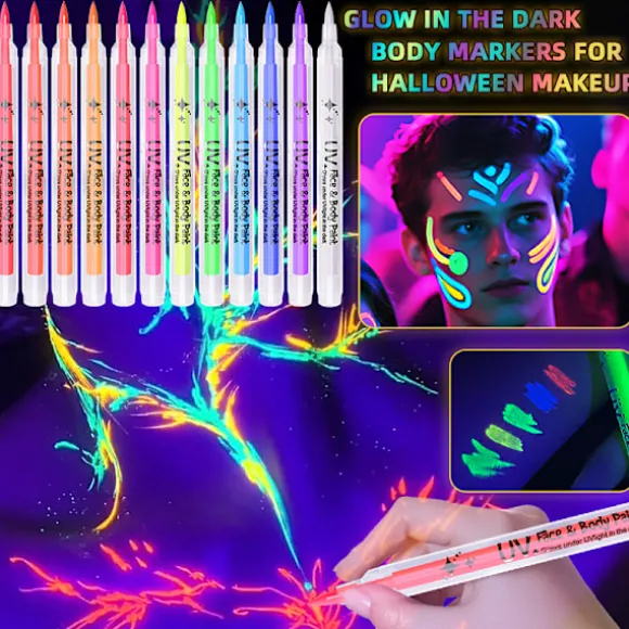 UV Neon Ansigtsmaling Markører 12 Farver, Glød I Mørket Kropsmaling Under Sort Lys