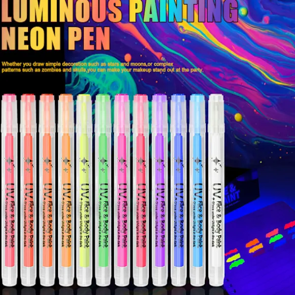 UV Neon Ansigtsmaling Markører 12 Farver, Glød I Mørket Kropsmaling Under Sort Lys