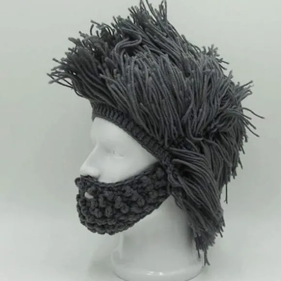 Viking skæg hue horn hat vinter varm maske strikket uld sjov