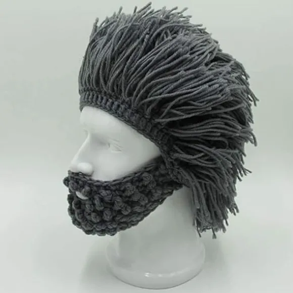 Viking skæg hue horn hat vinter varm maske strikket uld sjov