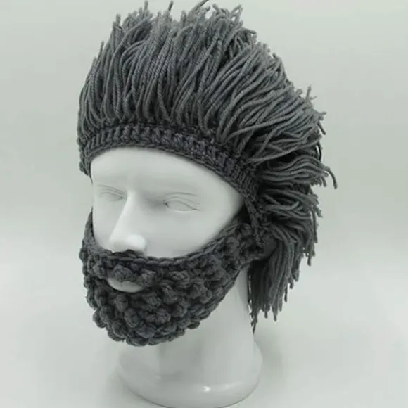 Viking skæg hue horn hat vinter varm maske strikket uld sjov