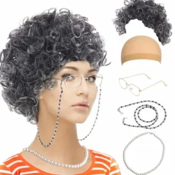 Vintage Bedstemor Kostumesæt med Klassisk Paryk, Briller og Perletilbehør, 5-Dels Komplet Sæt til Temafester og Rollespil Curly Black