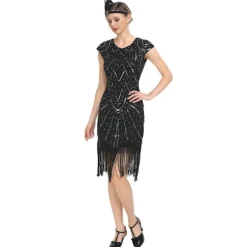 Vintage Flapper Kjoler 1920'erne til Kvinder Krystal Perlebesat Frynset Great Gatsby Kjole Abrikos Abrikos Apricot M
