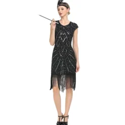 Vintage Flapper Kjoler 1920'erne til Kvinder Krystal Perlebesat Frynsekjole Gt Gatsby Abrikos Abrikos Abrikos Apricot M